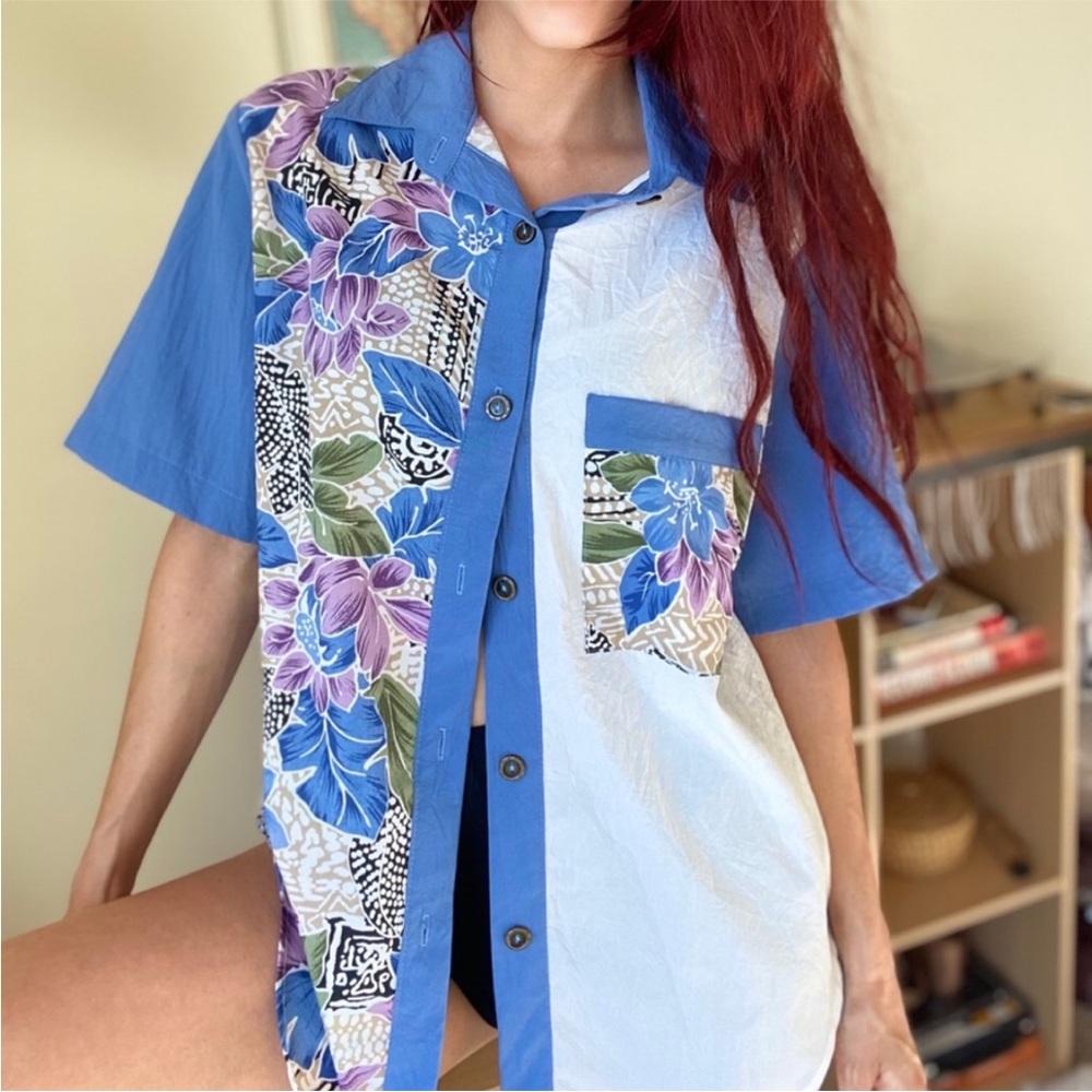 Vintage Floral Color-Block Button Down Shirt
